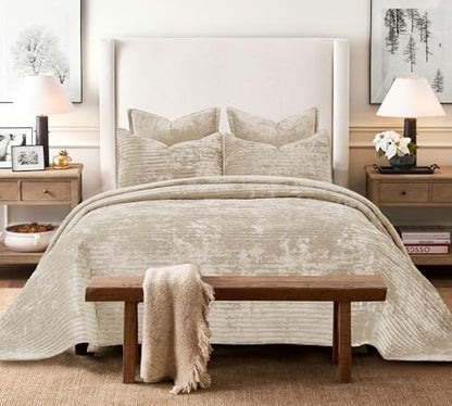 Oversized King Bedspread 120x120 Striped Soft Velvet Quilt Set