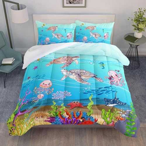 Turtle Comforter Set Full Ocean Watercolor Sea Turtle Bedding Set Tropical Fish Marine Life Bed Set with 2 Pillowcases for Kids Room Decor