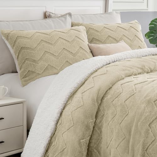 BEDELITE Fluffy Sherpa Queen Comforter Set,Linen