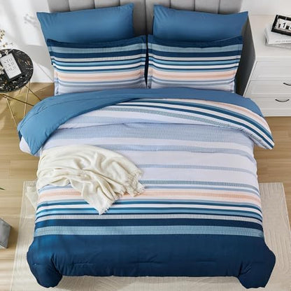 Dobuyly Blue Queen Comforter Set 7 Pieces, Boho Striped Bed in a Bag Queen Size Soft Microfiber All Season Bedding Set with Comforter, Sheets, Pillowcases & Shams
