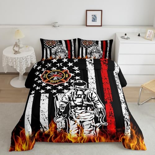 Homewish Vintage American Flag Comforter Set King Size,Firefighter Silhouette Bedding Set for Kids Boys Men Teens,3D Flaming Red Black White Stars Striped Quilt Set Fire Equipment Duvet Insert 3Pcs