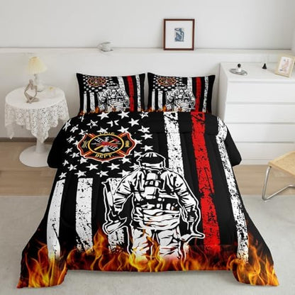 Homewish Vintage American Flag Comforter Set King Size,Firefighter Silhouette Bedding Set for Kids Boys Men Teens,3D Flaming Red Black White Stars Striped Quilt Set Fire Equipment Duvet Insert 3Pcs
