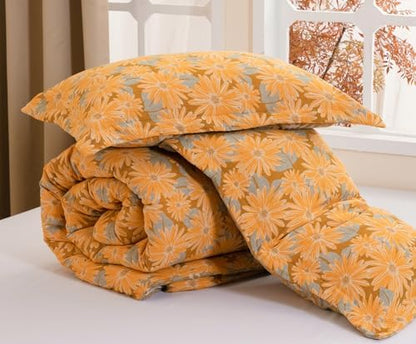 SLEEPBELLA Washed Double Layer Muslin 100% Cotton Comforter Set Queen Size, Yellow & Blue Sunflower Pattern Fluffy Thick Checked Bedding Set, Soft Breathable (1 Comforter, 2 Pillow Shams)