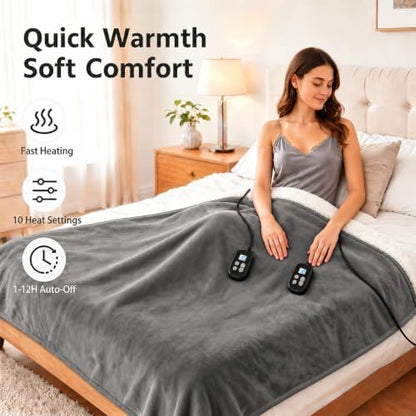 Electric Heated Blanket Queen Size 84" x 90", Soft Flannel for Bed, Couples, 10 Heat Settings, 1-12H Auto Shut Off, Dual Zone Controls, Overheat Protection, Machine Washable, Light Gray