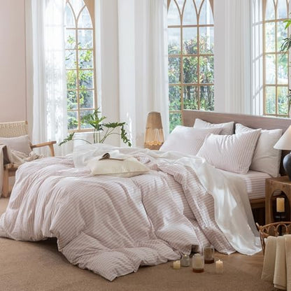 MooMee Striped Duvet Cover Set 100% Washed Cotton Linen Like Full