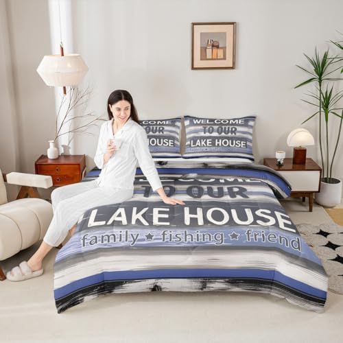 Manfei Lake House Comforter Set King Size, Rustic Cabin Lake Life Bedding Set 3pcs, Farmhouse Wooden Plank Down Comforter for All Season, Kids Boys Teen Room Decor, 2 Pillowcases, No Sheets