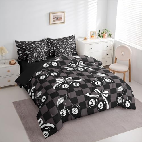 7 Piece Y2K Lucky 8 Ball Comforter Set Queen Coquette Cherry Bow Bedding Set For Kids Boys Girls,Black Brown Checkered Plaid Bed In A Bag With Sheets Fashion Funky Aesthetic Bed Set Preppy Room Decor