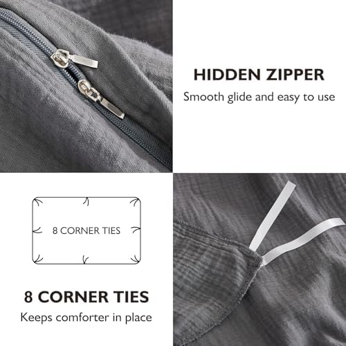 EMME Muslin Cotton Duvet Cover Set Linen Like Dark Grey Queen