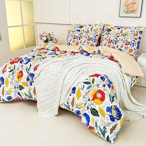 lasoftan Floral King Comforter Set with Sheets, 7 piece Luxury Vintage Bedding, Soft Microfiber Bed in a Bag, Cozy Lightweight Bed Set, Blue Orange Flower