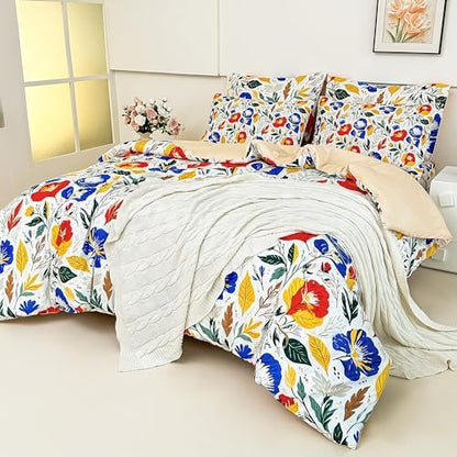 lasoftan Floral King Comforter Set with Sheets, 7 piece Luxury Vintage Bedding, Soft Microfiber Bed in a Bag, Cozy Lightweight Bed Set, Blue Orange Flower