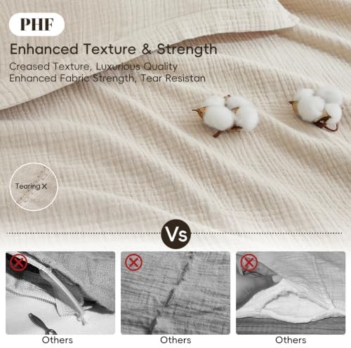 PHF 100% Cotton Muslin Duvet Cover Queen Size 3-Layer, 90"x90", Natural