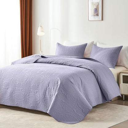 akkialla 118"x106" Lavender California King Quilt Set, Oversized Floor-Length Bedspread, Modern Coin Pattern Microfiber Coverlet, 3-Piece All Season Bedding with 2 Pillow Shams