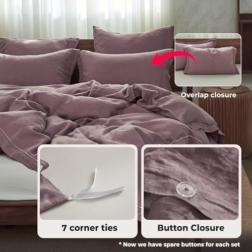 Simple&Opulence 100% French Linen Duvet Cover Set with Embroidered,3 Pcs Washed Soft Farmhouse Bedding Set with Button Closure,1 Comforter Cover and 2 Pillowshams(Queen,Purple)