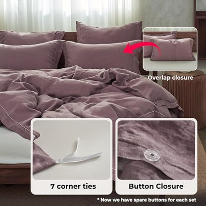 Simple&Opulence 100% French Linen Duvet Cover Set with Embroidered,3 Pcs Washed Soft Farmhouse Bedding Set with Button Closure,1 Comforter Cover and 2 Pillowshams(Queen,Purple)