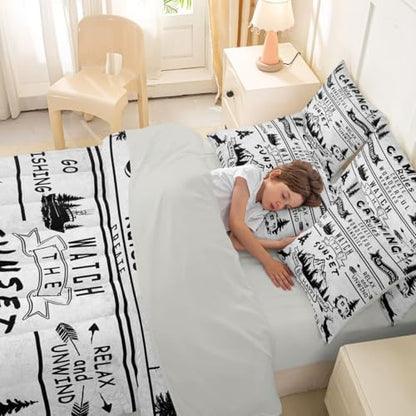 Erosebridal Happy Camping 7 Piece Bed in A Bag Twin Comforter Set Camping Rules Bedding Set for Boys Girls Kids Fishing and Hunting Thme Sheet Set with Comforter Deer Wildlife Woodland Camper Quilt