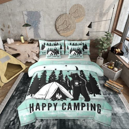 Erosebridal Happy Camping 7 Pieces Bedding Set Full Size,Camping Lover Bed in a Bag,Cabin Funny Bear Bed Set Includes Comforter,Sheet Set,Pillowcases & Pillow Covers,Green Wooden Plank Bedroom Decor