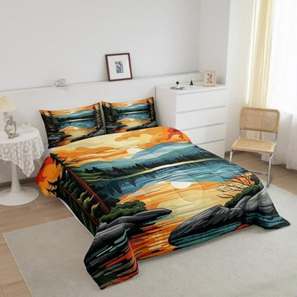 Sunset Comforter Set King Size,Lake House Fishing Camping Bedding Set for Kids Teens Adults Room Decor,Retro Rustic Style Quilt Set,Mountain River Nature Scenery Duvet Insert 3Pcs,2 Pillowcases
