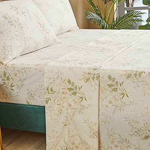 FADFAY Floral Leaves Bed Sheet Set King, Premium 100% Cotton 600 TC Green & Cream Flower Bedding Botanical Printed Farmhouse Super Soft Breathable Deep Pocket Fitted Sheet 4Pcs, King