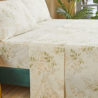 FADFAY California King Sheet Sets, Floral Leaves Bed Sheet Set Premium 100% Cotton 600 TC Green & Cream Flower Bedding Botanical Leaves Printed Soft Deep Pocket Fitted Sheet 4Pcs, Cal King
