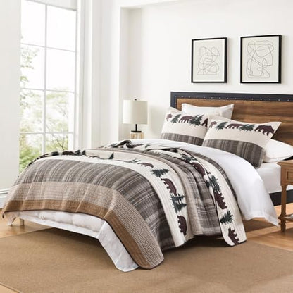 PERHOM Cabin Quilt King Size - 100% Cotton Lodge Cabin King Quilt Bedding Set, Striped Bear Tree Reversible Quilted Bedspread Lightweight Comforter Set with 2 Shams, Wood Brown/Beige, 3PCS