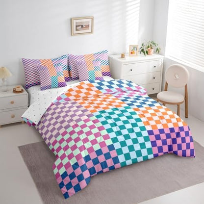 jejeloiu Teal Purple Orange Bedding Set 7Pcs Queen Size Kids Plaid Checkered Comforter Set with Sheets for Boys Girls Classic Grid Buffalo Check Bed in a Bag Soft Lightweight,Microfiber
