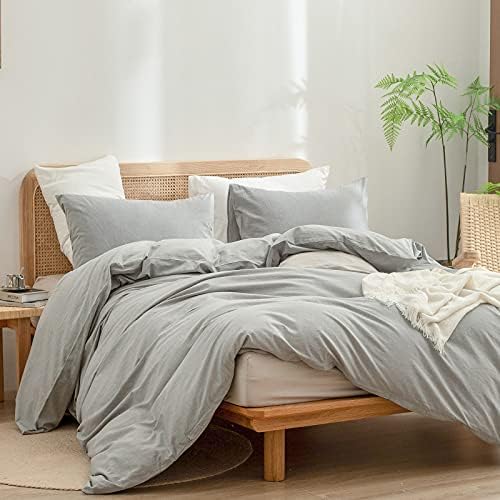 BESTOUCH Cotton Solid Duvet Cover Set Linen Feel Light Grey Super King