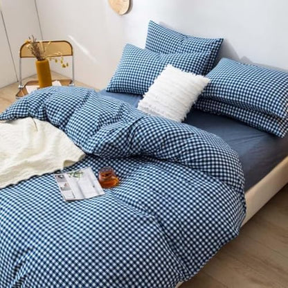 LifeTB Royal Blue Gingham Comforter Set King Modern Style Blue Plaid Checkered Comforter Set Soft Fluffy Grid Bed Comforter 3 Pieces Farmhouse Bedding Set Plaid Gingham Bedding Comforter King