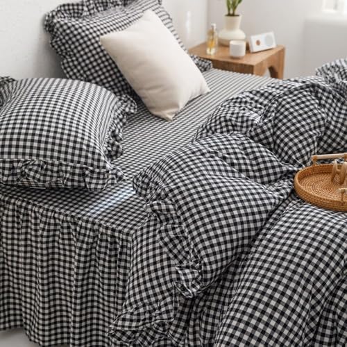 mixinni Black White Gingham Ruffle Duvet Cover Full Size 3 Pieces – 100% Washed Cotton, Vintage Plaid Ruffled Bedding Set with Zipper Ties, Soft Checkered Grid Farmhouse Chic Comforter Cover Set
