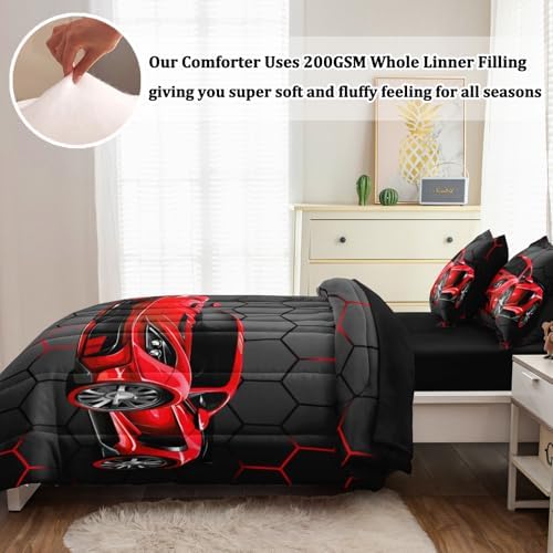 5 Pcs Race Car Twin Bedding Set for Boys, Red Sports Car Twin Boys Comforter Set with Sheets
