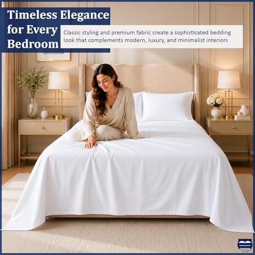 Cottingon 4 Piece Queen Sheets Fits 16" Deep, Egyptian Cotton, White