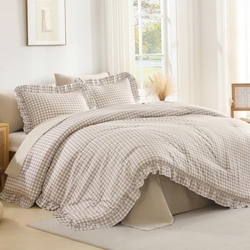 Andency Tan Gingham Ruffle Comforter Queen, 3 Pieces Vintage Bedding