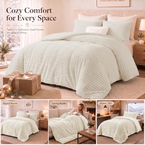 CozyLux Fleece King Size Comforter Set, 3 Piece Winter Warm Beige Bedding