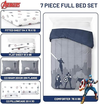 Marvel Avengers Full Comforter Set 7 Piece Soft Bedding for Boys, Blue