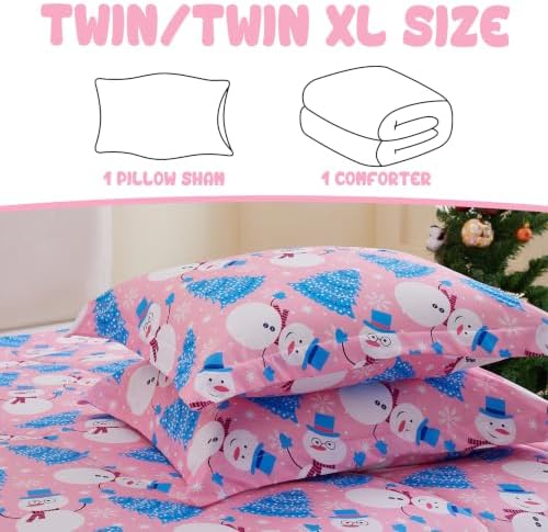 Yibeizi Pink Christmas Comforter Set Twin Kids Cute Snowman Xmas Bedding