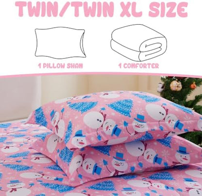Yibeizi Pink Christmas Comforter Set Twin Kids Cute Snowman Xmas Bedding