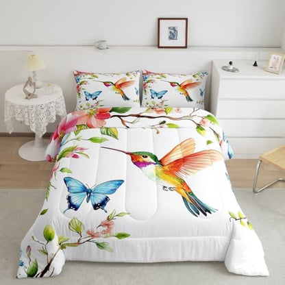 jejeloiu Hummingbird Comforter Set Queen Size Kids Tropical Birds Bedding Set Boys Girls Teens Flowers Leaves Spring Duvet Breathable Botanical Floral Quilt Bedroom Decor,1 Comforter with 2 Pillowcase