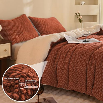 LLanCL 3D Jacquard Design Comforter Set, Ultra-Soft Warm King Size Sherpa Fur Plush 3-Pieces Sets Luxury Cozy Bedding with 2 Pillowcases (104"x90", Burnt Orange)