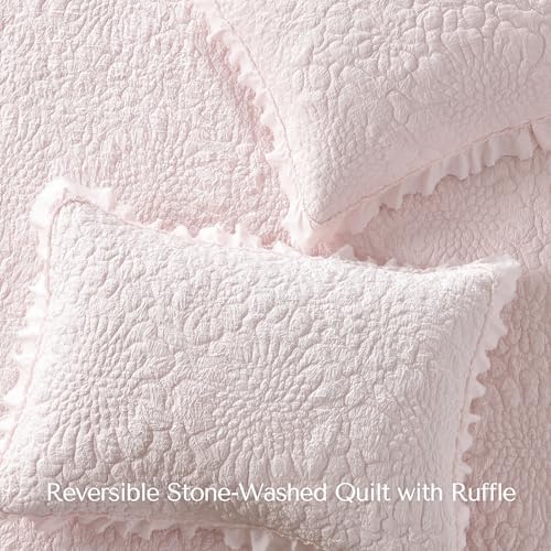 HORIMOTE HOME Pink Ruffled Quilt King Size, Stone-Washed Microfiber Lightweight Crinkled Farmhouse Rustic Shabby Chic Bedding Set, 3 Pieces Reversible Bedspread with Pillow Shams for All Season