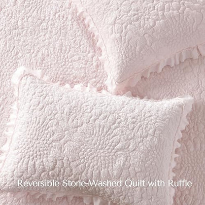 HORIMOTE HOME Pink Ruffled Quilt Queen Size, Stone-Washed Microfiber Lightweight Crinkled Farmhouse Rustic Shabby Chic Bedding Set, 3 Pieces Reversible Bedspread with Pillow Shams for All Season