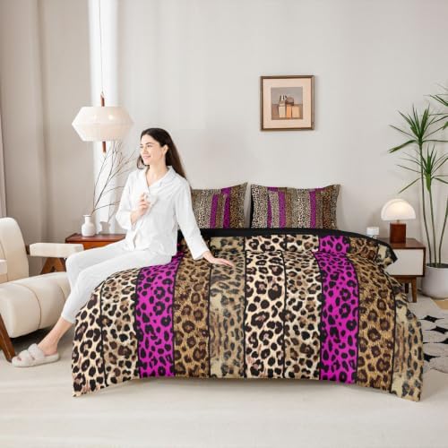 Erosebridal Hot Pink Leopard Print King 7-Piece Comforter Set for Men Women Adults - African Cheetah Printed Bedding Set with Sheets Wild Safari Animal Bed in a Bag Modern Leopard Print Bed Sets