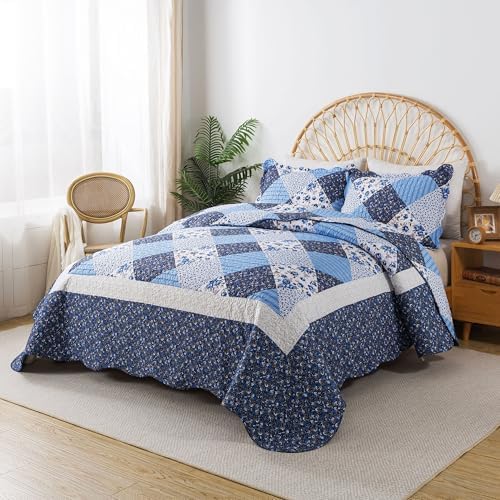 HoneiLife Quilt Set King Size - 3 Piece Microfiber Quilts Reversible Bedspreads Patchwork Coverlets Floral Bedding Set All Season Quilts with Blue and White Porcelain Pattern