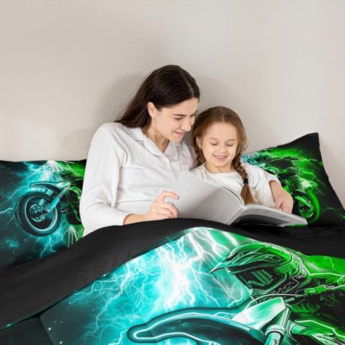 Feelyou Racing Motocross Rider Kids Bedding Set,Boys Girls Toddler Size,Dirt Bike Comforter Set,Blue and Green LightningUltra Soft Duvet Quilt,Extreme Sports Comforter Colorful Modern Bedroom Decor
