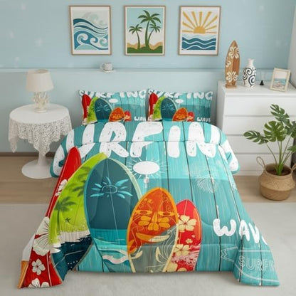 Surfboard Surf Comforter Set Full,Blue Rustic Farmhouse Wooden Board Duvet Insert Sun Flowers Palm Tree Silhouette Bedding Set for Kids Teens Adults,Hawaiian Ocean Style Quilted Duvet,2 Pillowcases