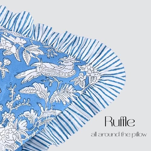 CPC Block Print Blue Sapphire Ruffle Cotton Lumbar Pillow Cover 12x20 inch