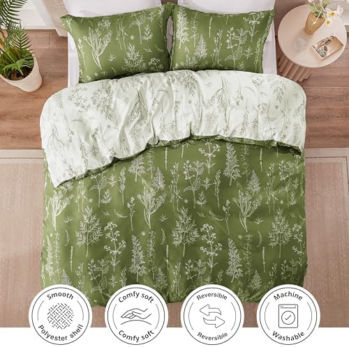 Love's cabin Olive Green Queen Comforter Set - Queen Size Comforter Set, 3 Pieces Cute Floral Bedding Sets for All Seasons,1 Soft Reversible Botanical Flowers Comforter and 2 Pillow Shams