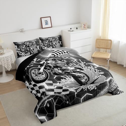 Racing Motorcycle Comforter Set Queen Grey Neon Lights Honeycomb Bedding Set Dirt Bike Motocross Quilt Glitter Geometric Hexagon Beehive Duvet Insert,Black White Grid Lattice Buffalo Plaid Decor