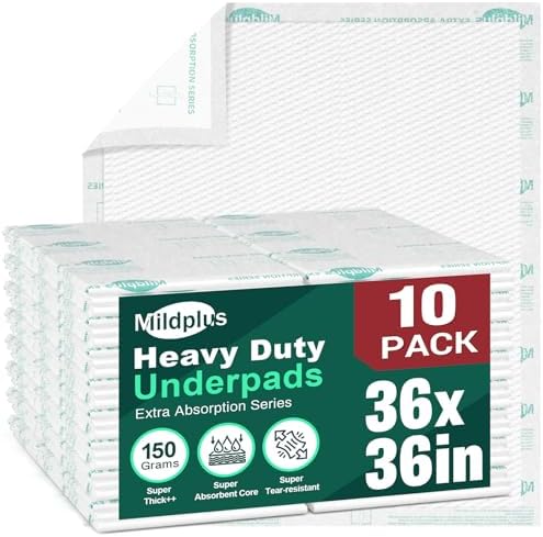 MILDPLUS Heavy Duty Underpads 36"X36", 10 Count, Ultra Absorbent Chucks 150Grams Tear-Resistant Bed Pads Disposable Incontinence Pads