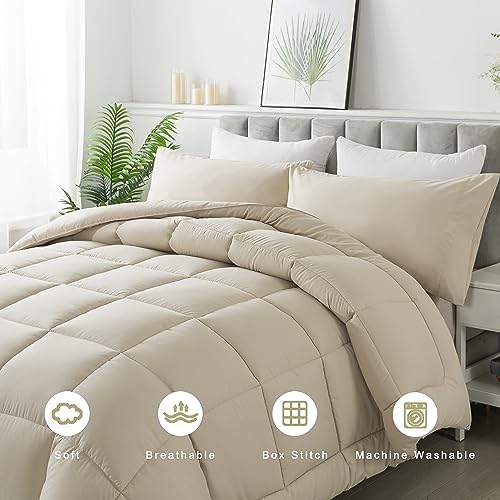 DOWNCOOL King Size Comforter Set -All Season Bedding Comforters Sets with 2 Pillow Cases -3 Pieces Bed Set Down Alternative King Bedding Set -Beige King Comforter Set(102"x90")