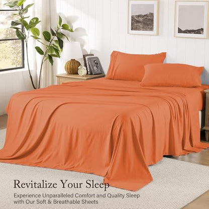 ROSE&RISY Burnt Orange Queen Sheet Set, Pre-Washed Cotton-Like Brushed Microfiber, 4 Pcs Super Soft Breathable Cooling Bed Sets,Includes 1 Fitted, 1 Flat, 2 Pillowcases(Burnt Orange, Queen)