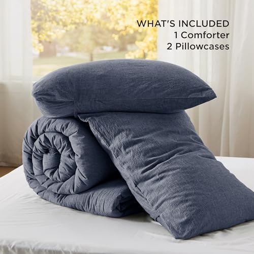 Bedsure PureWoven Cotton Comforter Set Prewashed, Full, Denim Blue